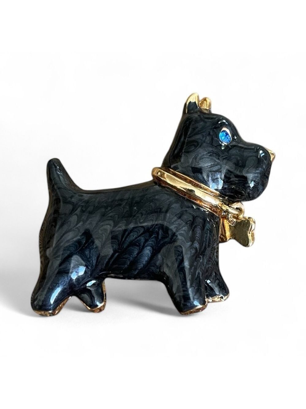 AAI Vintage Scottish Terrier Brooch, Black Enamel, Rhinestone Bow Realistic